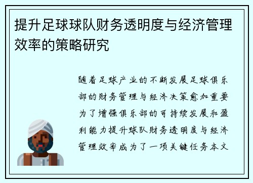 提升足球球队财务透明度与经济管理效率的策略研究